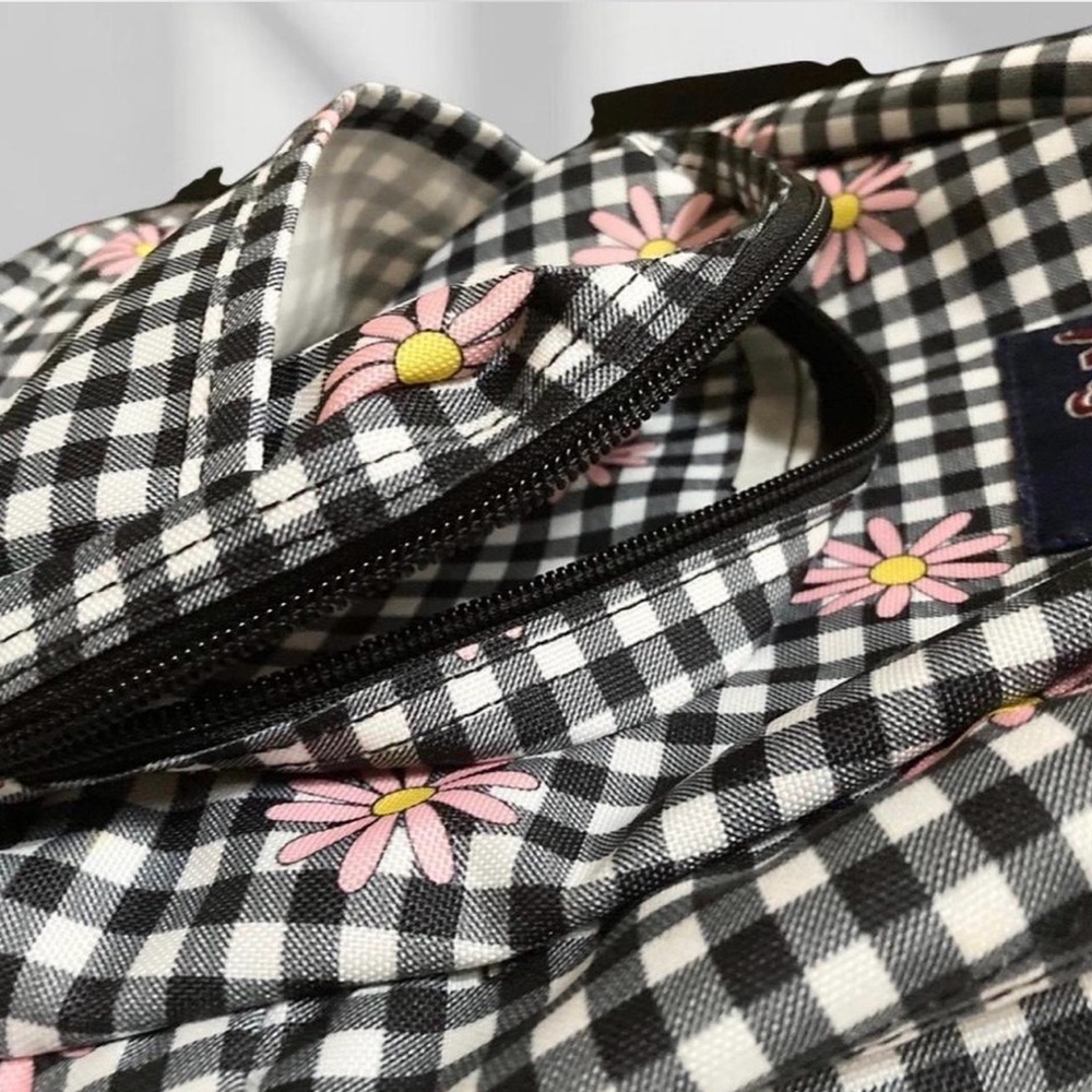 Jansport Black and White Checkered Backpack with Pink Floral Accents - Picture 5 of 5